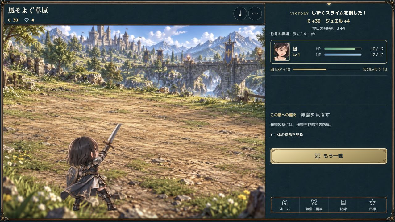 公開ブラウザ版の戦闘後の実画面。草原でしずくスライムに勝利した凪と、G30・ジュエル4・EXP10の戦果が表示されている